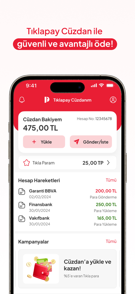 L'interfaccia del portafoglio digitale Tiklapay all'interno dell'app Tikla Gelsin che mostra il saldo in Lira Turca e le recenti transazioni bancarie.