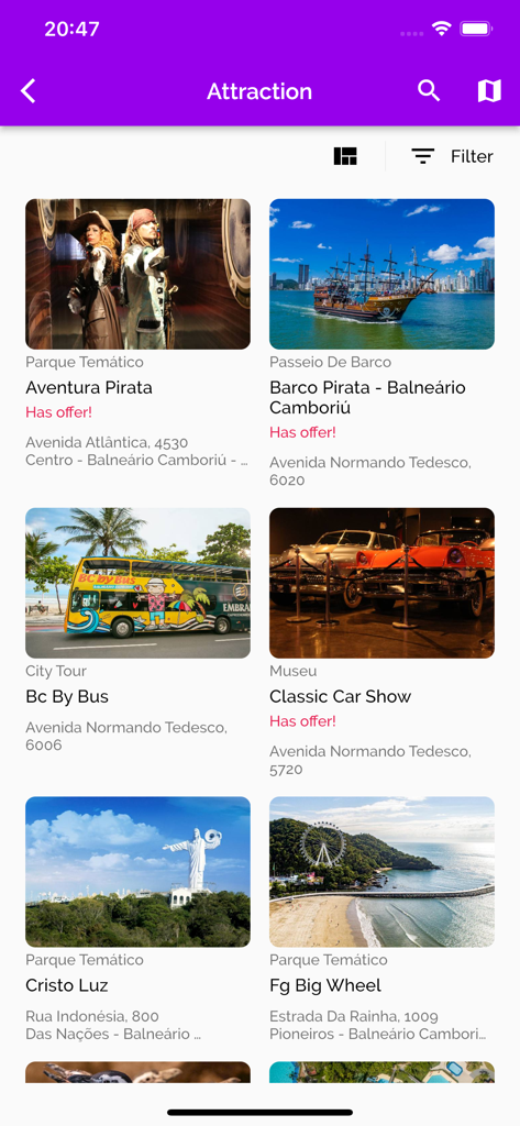 Movimenta BC - Uma lista de atrações turísticas em Balneário Camboriú, incluindo passeios de barco pirata e um show de carros clássicos no aplicativo Movimenta BC