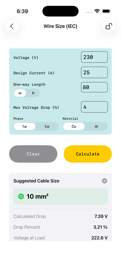 Voltage Drop Calculator. - Voltage Drop Calculator app interface showing IEC wire sizing calculation with suggested cable size results