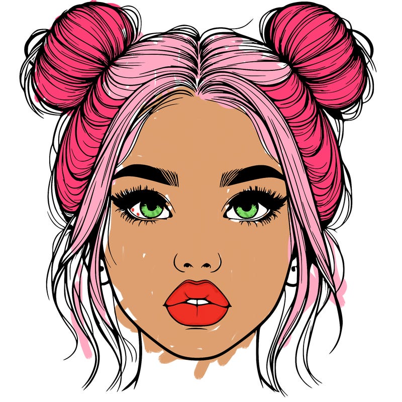 realistic girl with two buns on her hair and lips