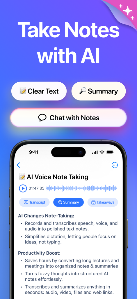 VoicePen app screenshot showing AI note taking interface with transcription summary and takeaway features