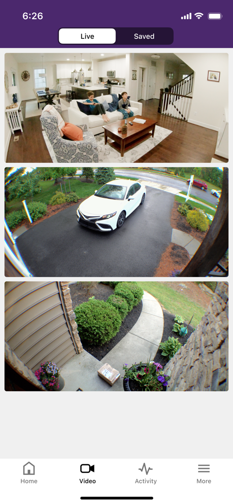 Live video feeds in the TELUS SmartHome app showing a living room with children, a driveway with a car, and a package on the front porch.
