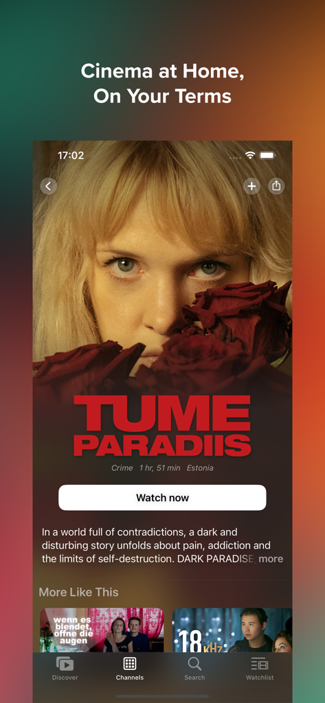 Interface de l'application Sooner Europe affichant des informations sur un film policier estonien