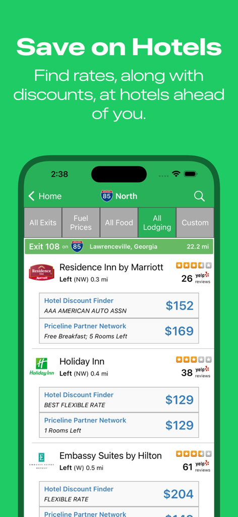 iExit Interstate Exit Guide - iExit app screen showing hotel prices and Yelp ratings for upcoming interstate exits