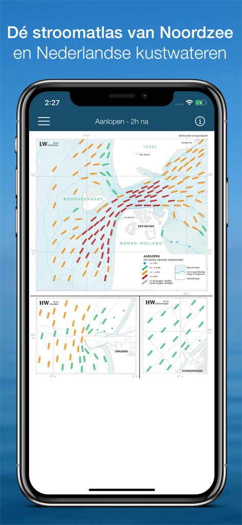 Stroomatlas Noordzee - Smartphone screen displaying a detailed tidal current atlas of the North Sea with colored flow indicators