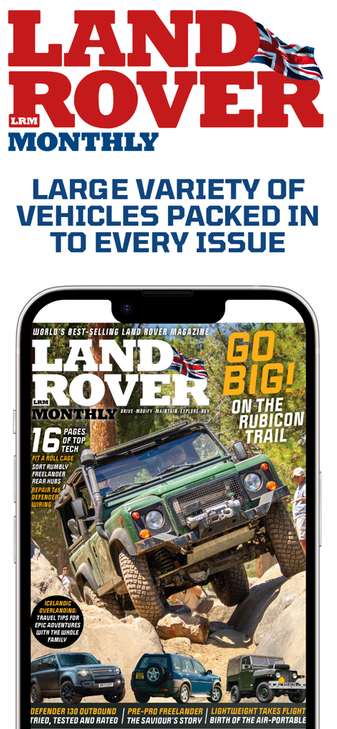 Land Rover Monthly - Land Rover Monthlyデジタルマガジンの表紙。オフロード走行中の緑色のDefenderが特集されています。