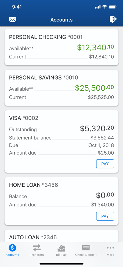 Dashboard do aplicativo móvel Heritage Bank mostrando saldos de contas correntes, poupança, cartão de crédito e empréstimo.