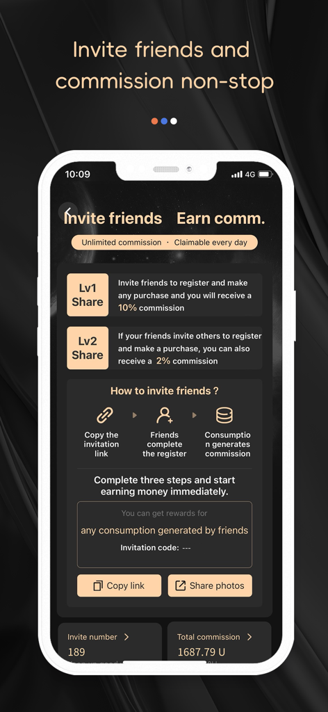 Mobile app screen detailing how to earn commissions by inviting friends to the Coinget crypto platform.