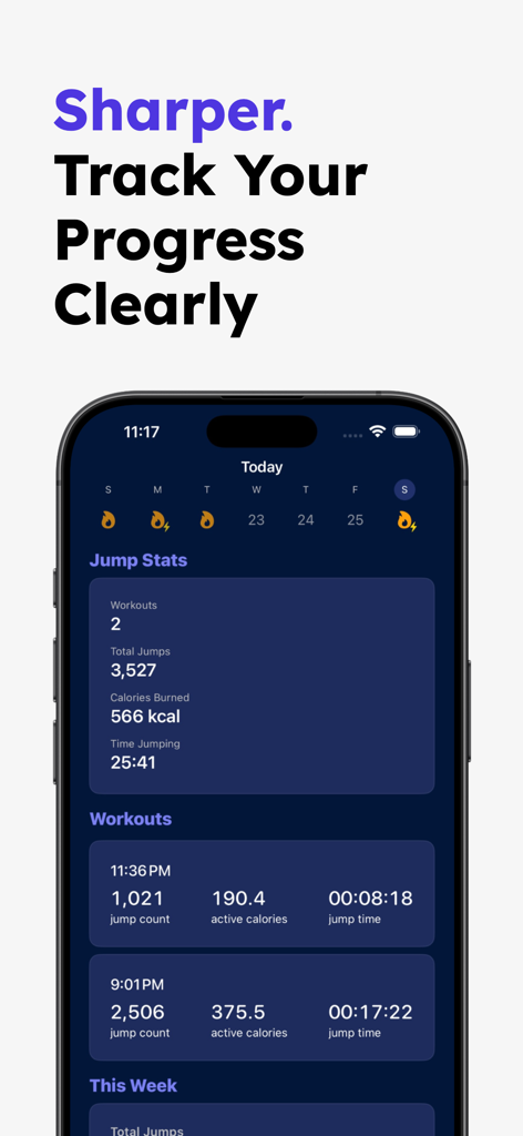 Jump Rope Fit - Jump Rope Fit app interface displaying workout stats including jump count and calories burned.