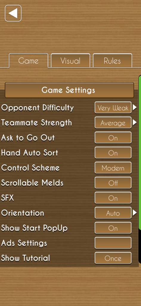 Menú de configuración del juego de Canasta con dificultad y opciones de juego ajustables.