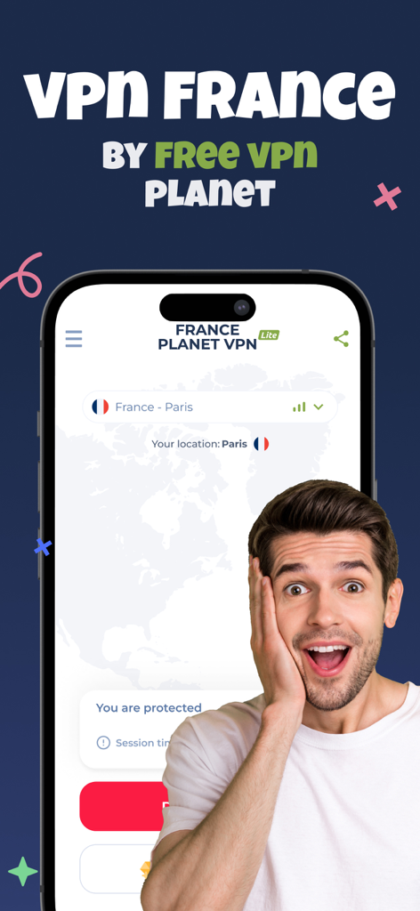 Oberfläche der VPN France App, die eine sichere Verbindung zu einem Pariser Server anzeigt