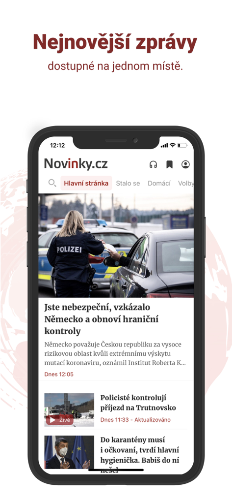 Interface do aplicativo de notícias Novinky em um celular mostrando manchetes de notícias checas