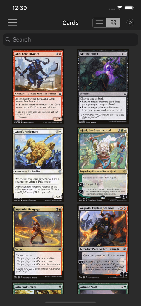 Vista de cuadrícula de cartas de Magic The Gathering en la aplicación de base de datos
