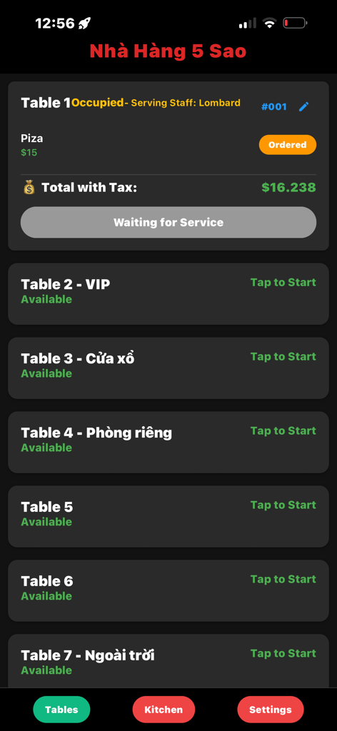 Interface montrant le statut des tables du restaurant avec les tables occupées et disponibles et les détails de la commande