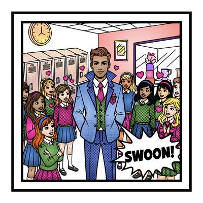 new kid in school is an undercover prince.  girls swooning in the background.  add details like lockers and other high school details