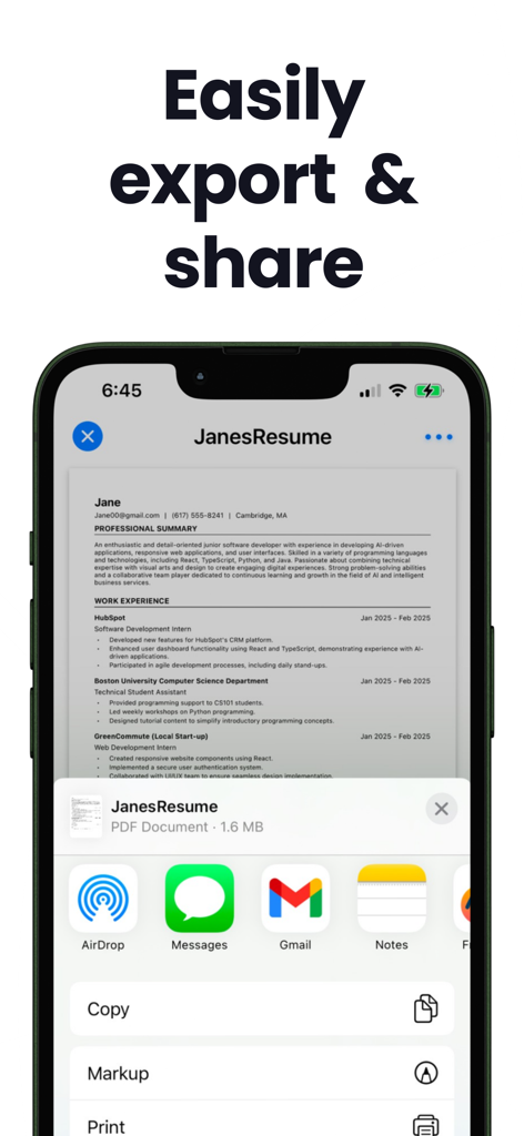 Una pantalla móvil de la aplicación Hired AI mostrando el menú de compartir de iOS para exportar y enviar un currículum profesional por correo electrónico o mensaje