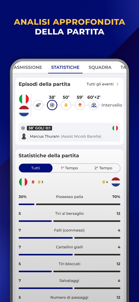 Inter Live - News & Matches - A mobile screen showing detailed soccer match statistics and a game event timeline