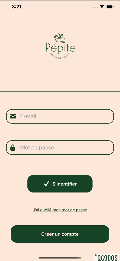 Pépite Libourne - Pantalla de inicio de sesión de la app de fidelidad Pépite Libourne con campos de entrada de correo electrónico y contraseña y un botón para crear cuenta.