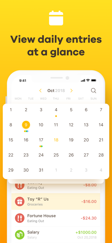 Checkbook - Account Tracker - Un écran de smartphone affichant une vue calendrier pour le suivi des entrées financières quotidiennes dans l'application Checkbook.