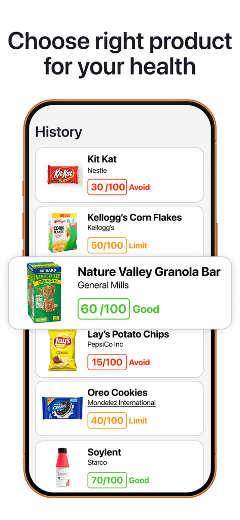 Leafy app screen showing a scan history of food products with health scores and recommendations