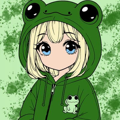 cute realistic girl in a froggy hoodie