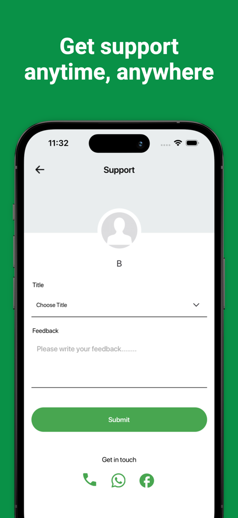 Faras - Der Kundensupport-Bildschirm der Faras App mit einem Feedback-Formular und Kontaktmöglichkeiten für Telefon, WhatsApp und Facebook.