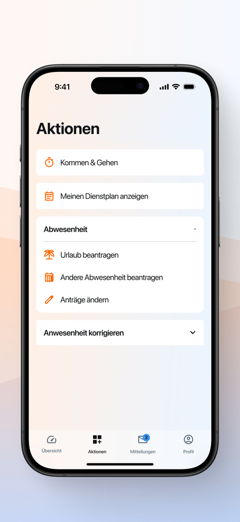 ATOSS Staff Center - Interfaz de la aplicación ATOSS Staff Center que muestra opciones para fichar, ver horarios y solicitar ausencias