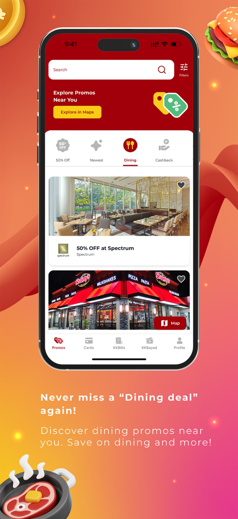 KasKasan Buddies - KasKasan Buddies app screen displaying 50 percent off dining deals and a map feature for restaurant promos