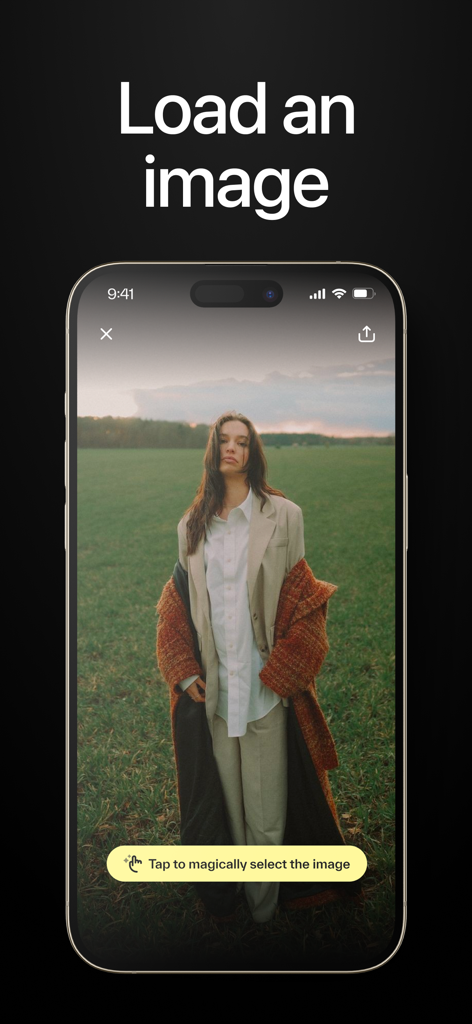 A smartphone interface showing a photo being loaded into the Wand AI canvas app with a prompt to magically select the image