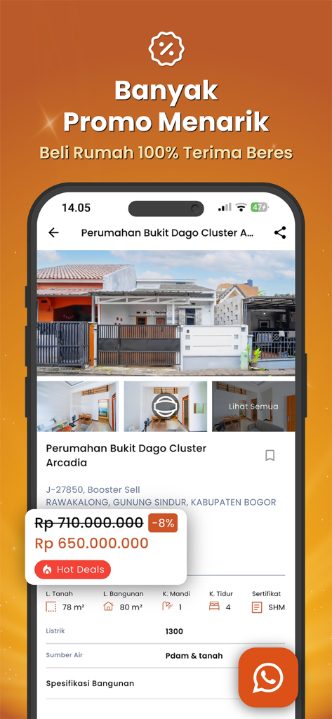 Pashouses: Rumah Siap Huni - Pashouses app interface showing a discounted house listing in Indonesia with property details and a hot deal badge.