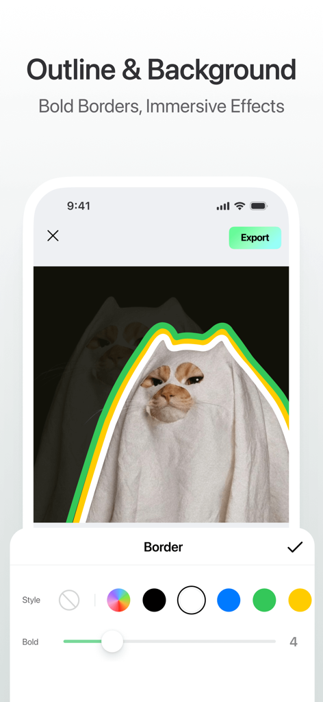 StickerX - Sticker Maker - StickerX app interface showing a cat in a ghost costume with customizable bold yellow and green borders.