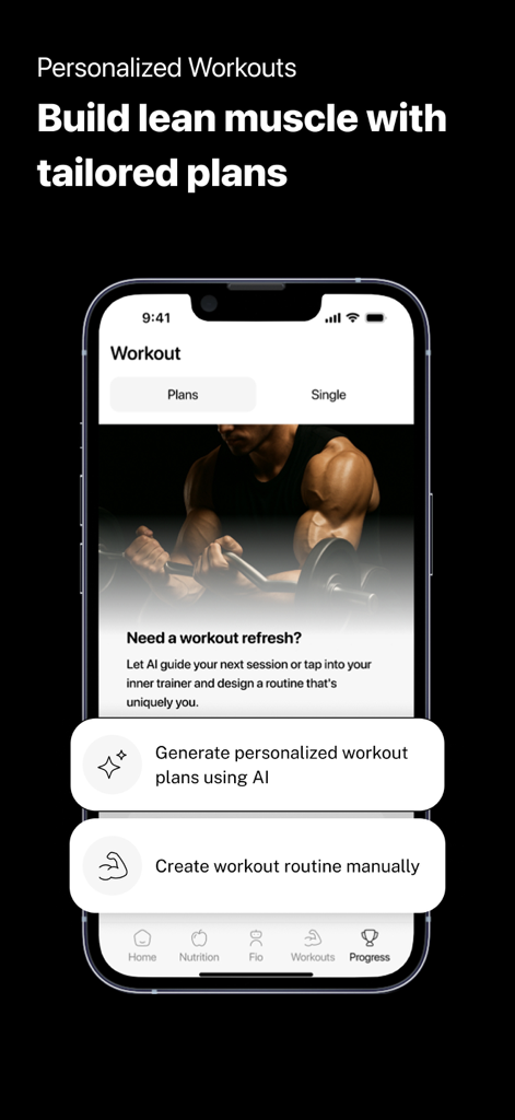 Reshape – Fat Loss & Fitness - Smartphone screen of Reshape app showing personalized AI workout plan generation for lean muscle growth.