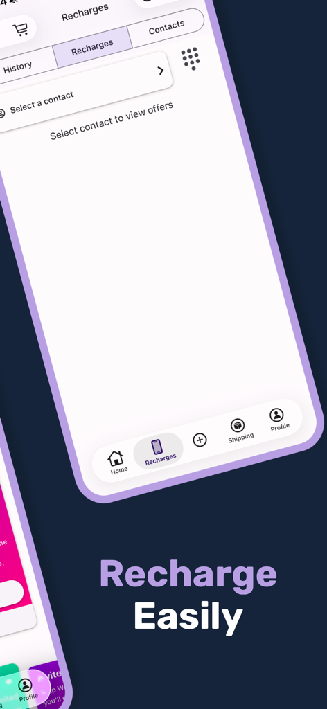 We Ship You - Mobile app screen showing the easy cellphone recharge and contact selection feature