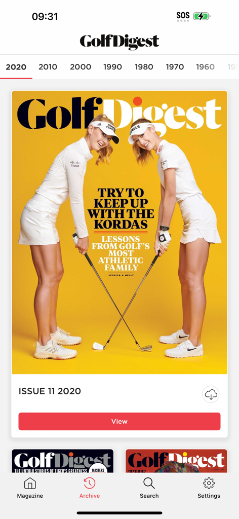 Golf Digest Magazine - Golf Digest Magazine app archive screen featuring the November 2020 issue cover with the Korda sisters