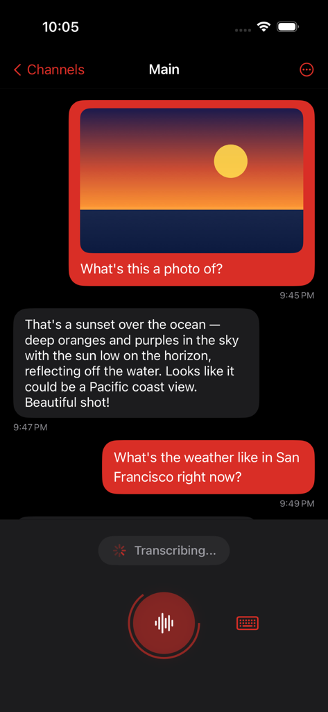 ClawTalk app interface showing an AI agent identifying a sunset photo and transcribing a voice command.