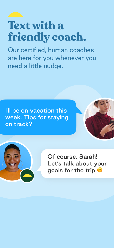A chat interface showing a user texting a Sunnyside coach for advice on mindful drinking habits.