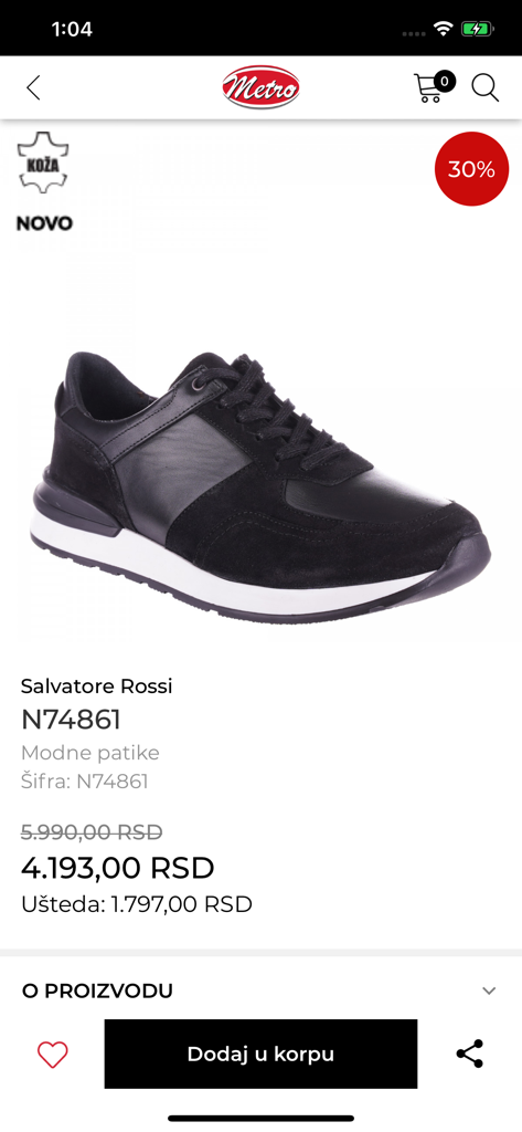 Obuca Metro app product page for Salvatore Rossi black fashion sneakers with a 30 percent discount