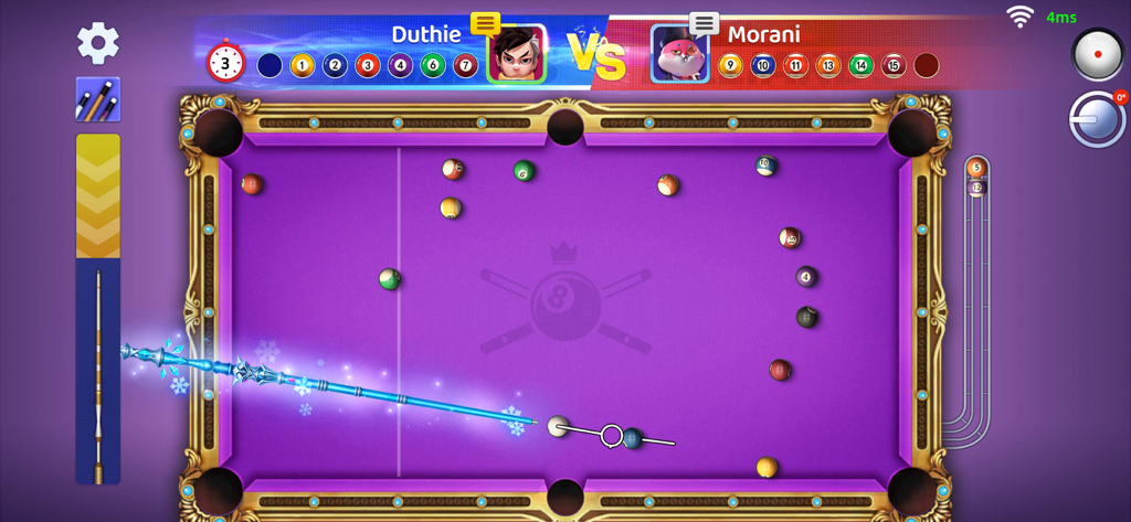 Billiard Legend - Ball Games - A 1v1 online match in Billiard Legend featuring a purple table and a glowing blue ice cue stick.