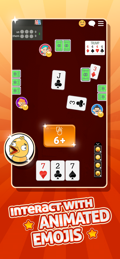 TRUCO GameVelvet - Card Game - Gameplay do Truco GameVelvet mostrando um grande emoji animado de pato para interação social durante uma partida de cartas