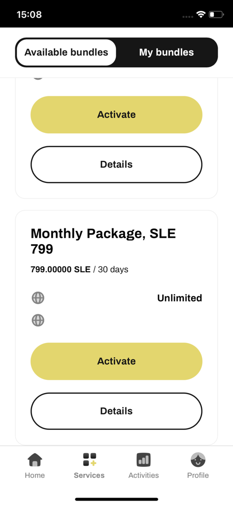 One Mobile Self-care - Interface of One Mobile Self-care app showing available monthly service bundles with an activation button