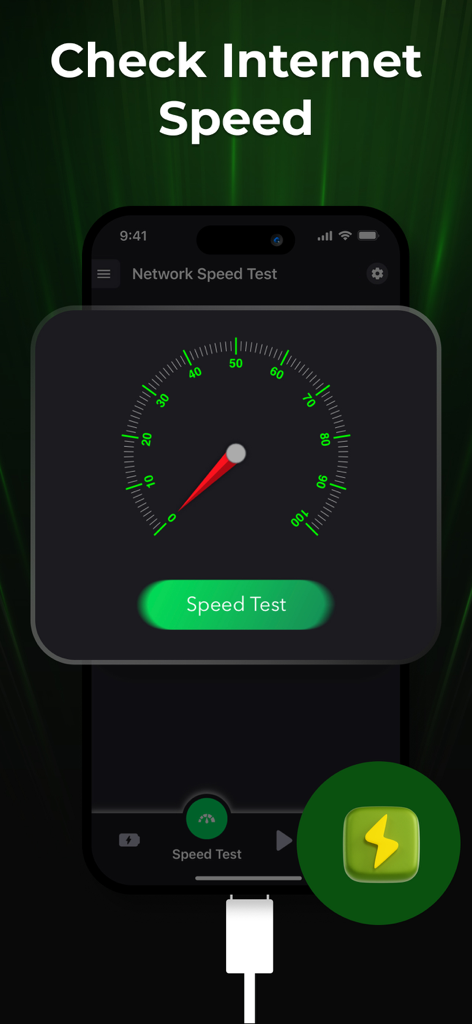 Battery Life Status, Saver - A mobile screen showing the internet speed test feature with a green speedometer gauge.