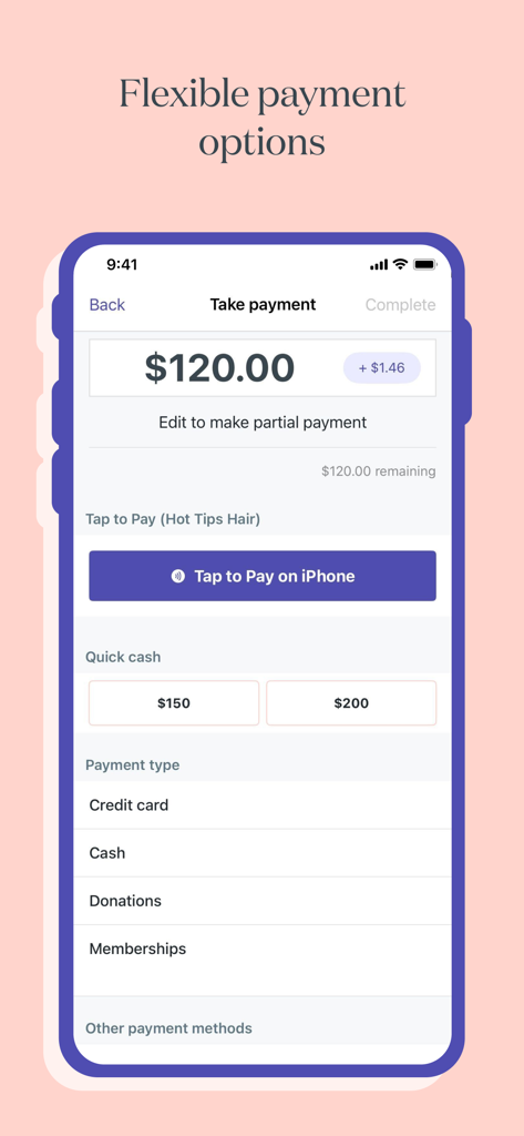 iPhoneのTap to Payや現金支払いを含む柔軟な支払いオプションを表示するTimelyアプリインターフェース