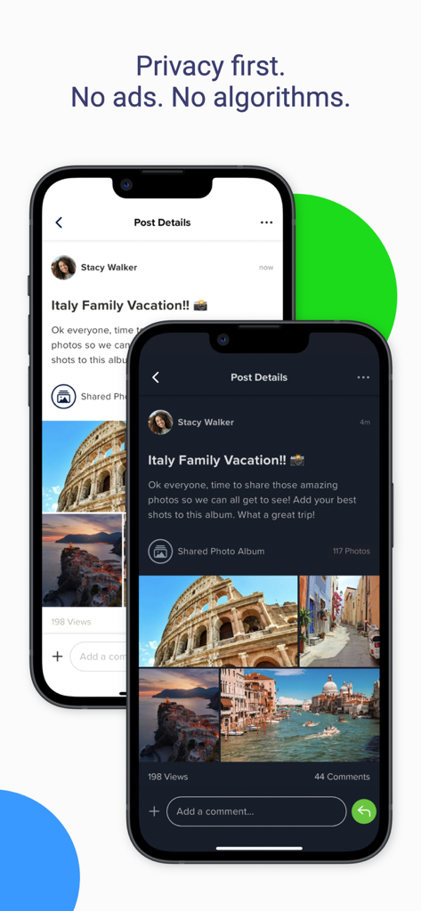 GroupSpot - GroupSpot app showing private family photo sharing in light and dark modes with privacy-focused text