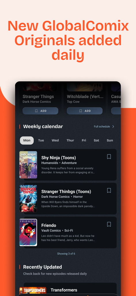 GlobalComix: The Comics App - Weekly calendar view in the GlobalComix app showing daily scheduled comic book releases like Shy Ninja and Stranger Things.