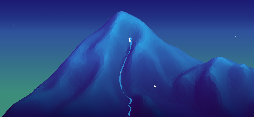 Roia - Minimalist low poly blue mountain landscape at night with a stream flowing down from the peak