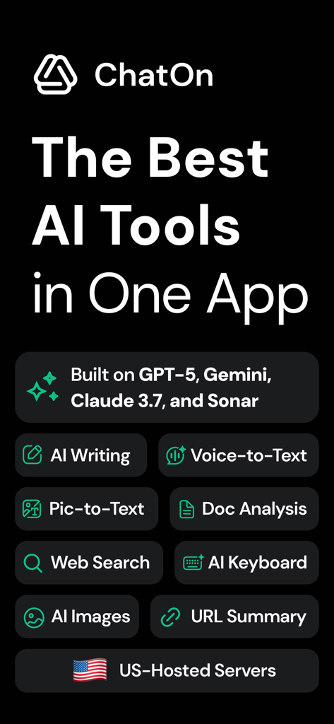 Interfaz de la aplicación ChatOn AI que muestra múltiples funciones como escritura IA, generación de imágenes y análisis de documentos.