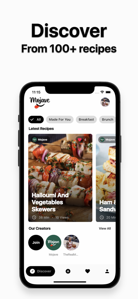 Mojave - Food - Mojaveアプリのインターフェースで、さまざまなレシピカードとカテゴリが表示されたDiscoverセクション