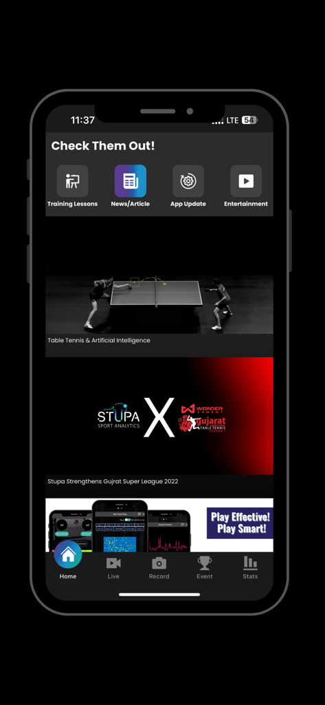 Stupa Analytics - The home screen of the Stupa Analytics app showing table tennis training lessons and AI analytics articles