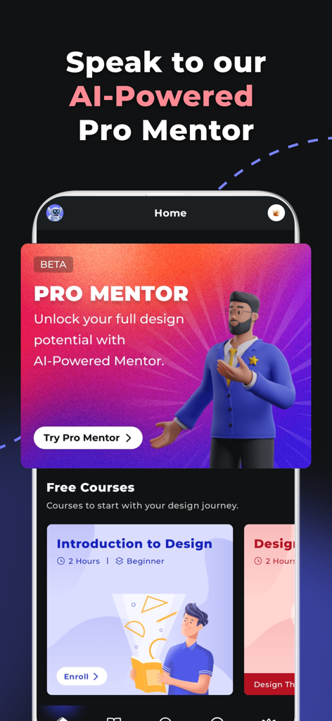 ProApp: Online Design Courses - A mobile app screen of ProApp featuring an AI-powered design mentor and introductory design courses.