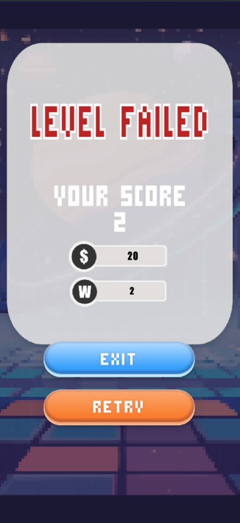 Word Blast: Word Puzzle Games - Pantalla de nivel fallido en el juego Word Blast que muestra la puntuación del jugador y la opción de reintentar